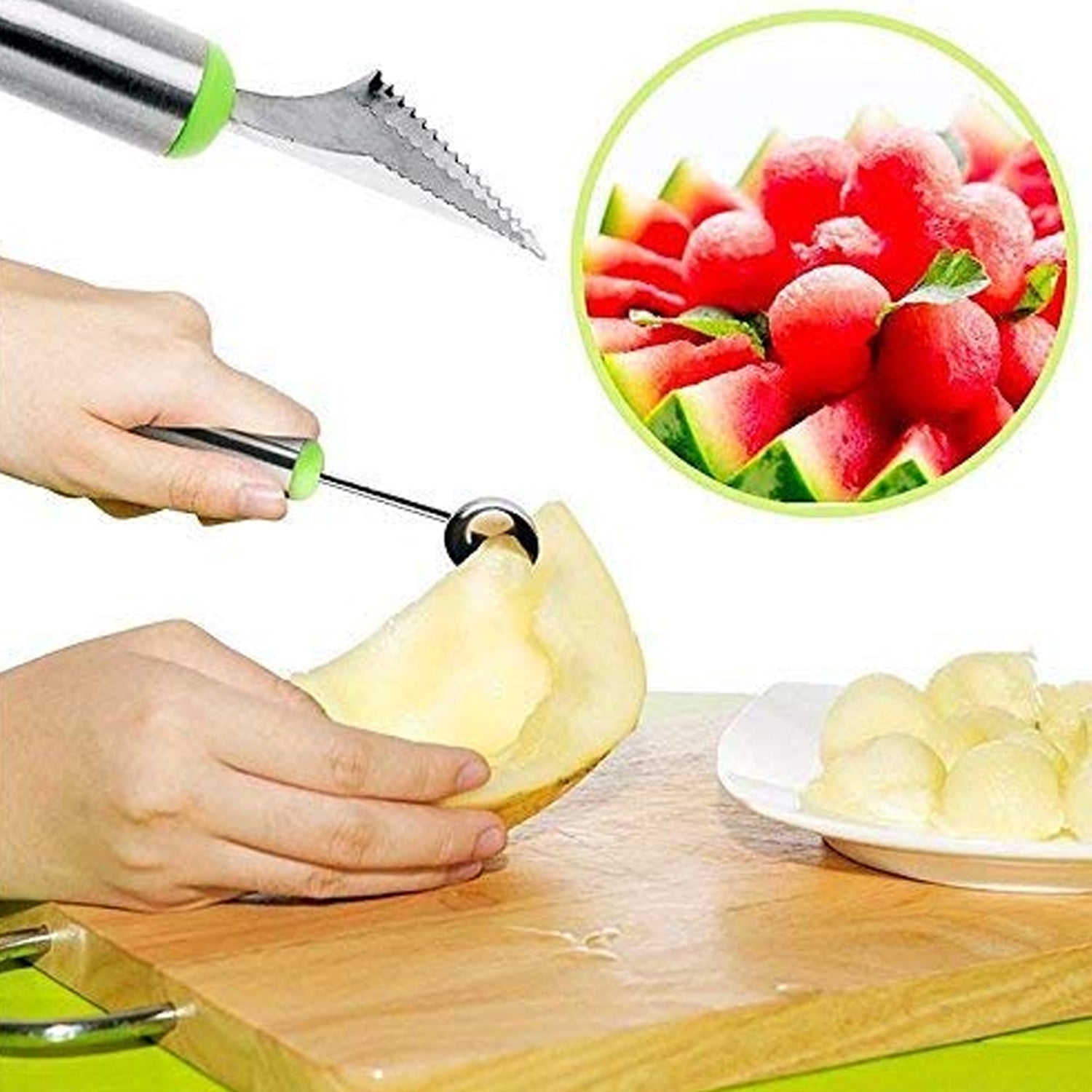 5335 Multifunctional 2 in 1 Melon Baller - Stainless Steel Dig Scoop with Fruit Carving Knife. DeoDap 5335 Multifunctional 2 in 1 Melon Baller - Stainless Steel Dig Scoop with Fruit Carving Knife. DeoDap